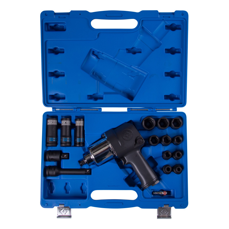 KING TONY Гайковерт пневматический ударный 1/2", 881 Нм, с комплектом головок, 17 предметов